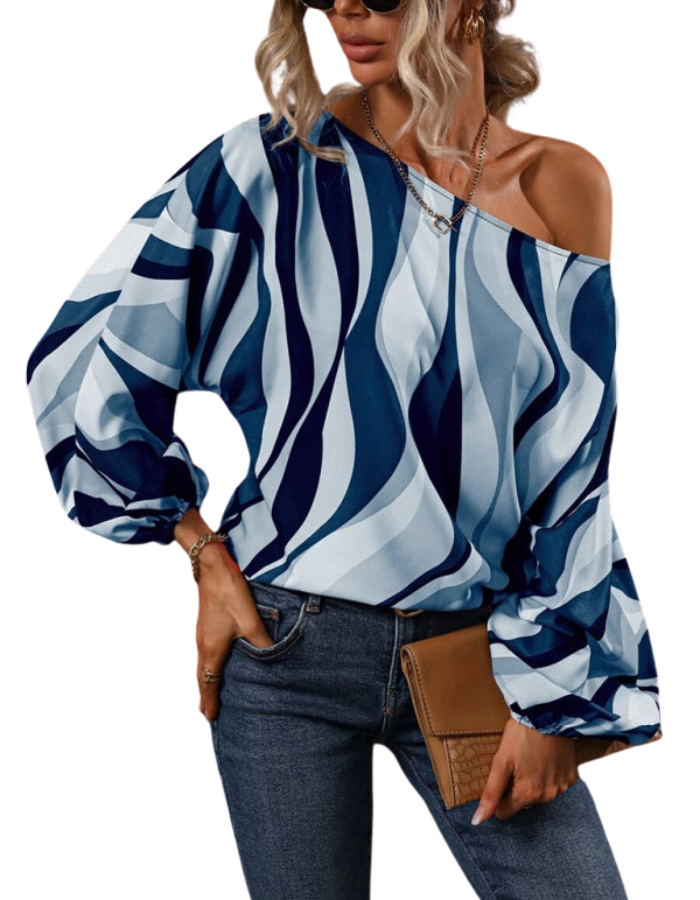 SHOPIQAT Women's Alphabet Print One Shoulder Loose Balloon Sleeve Top - Premium from shopiqat - Just $7.250! Shop now at shopiqat